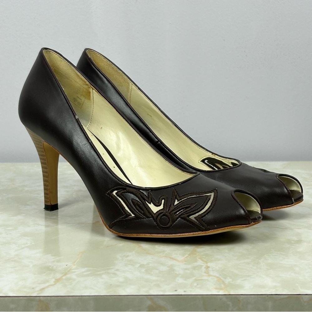 Vintage Abaeté Brown Peep Toe Wooden Heel Pumps Size 9.5